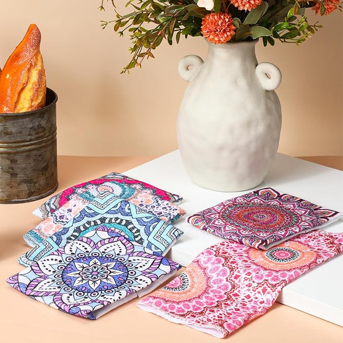 Redbaker 30 Pcs Reusable Paper Towels Rolls Kitchen Towels Bulk Washable Paperless Cloth Cotton Hand Napkins with Cardboard Reusable Napkins for Kitchen Bathroom (Mandala)