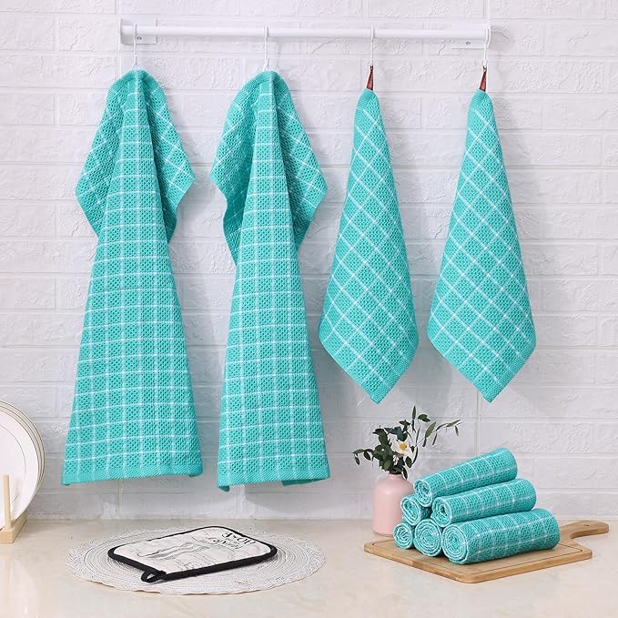 Homaxy 100% Cotton Kitchen Towels 4 Pack-15 X 25 Inches, Check Design Waffle Weave Hand Tea Towels, Super Soft and Absorbent Dish Towel for Drying Dishes, Aqua