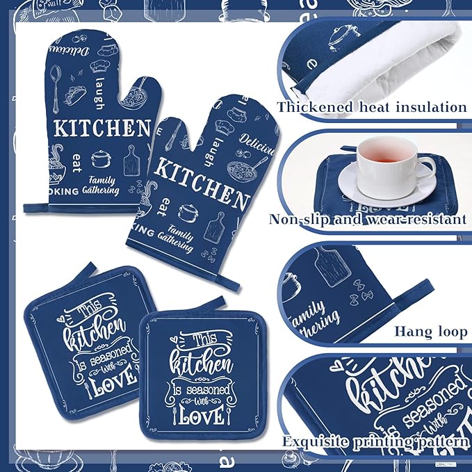 12 Pcs Farmhouse Kitchen Oven Mitts and Pot Holders Decor Sets 4 Blue Kitchen Hand Towels 4 Absorbent Dishcloths 2 Pot Holders 2 Oven Mitts Glove for Home Decorations Mom Baking Cooking Grilling Gift