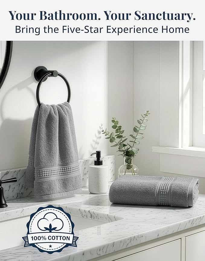 Grey Hand Towels for Bathroom - Pack of 4 (16" x 28") - 100% Cotton Double Stitched Edges - Ultra Soft, Quick Dry & Highly Absorbent - Everyday Comfort Hand & Face Towels for Family and Gym Use - Grey