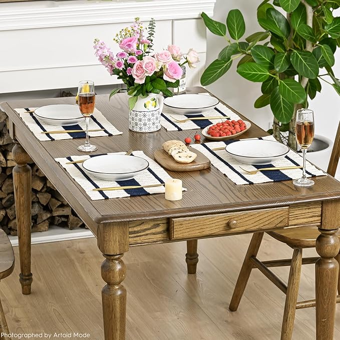 Artoid Mode Dark Blue Farmhouse Woven Rustic Placemats Set of 4,12x18 Inch Seasonal Holiday Hollow Table Mats Party Kitchen Dining Decoration