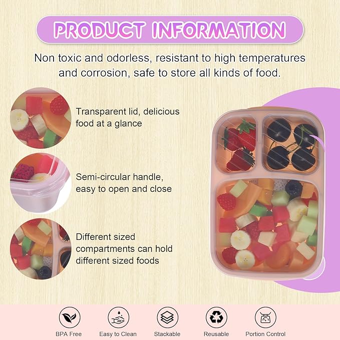 Honeydak 5 Pack Snack Containers 3 Compartment Bento Snack Boxes Divided Meal Prep Containers with Lids Reusable Adults Lunch Food Storage Box for School Work Travel(Creamy Pink Gray)