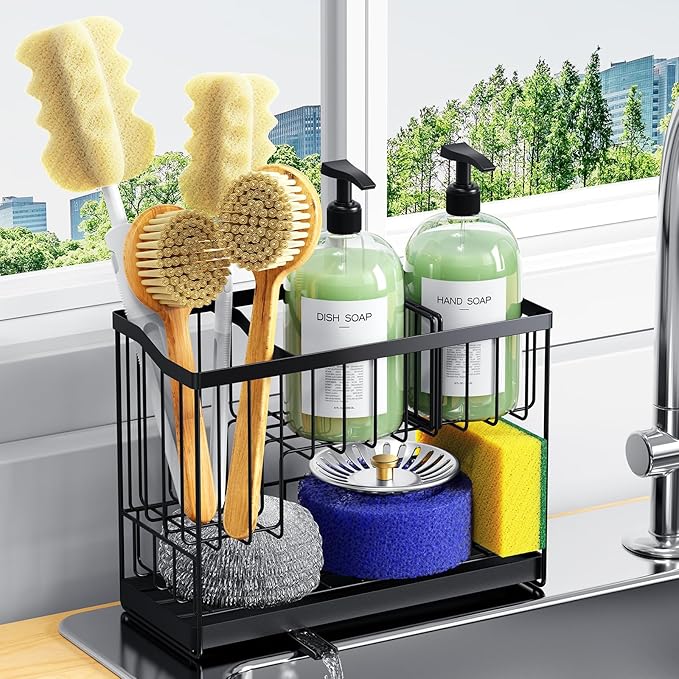Kitchen Sink Caddy, 2-Tier Self-Draining Sponge & Dish Brush Holder, Rustproof 304 Stainless Steel Space-Saving Organizer with Drying Tray, Black