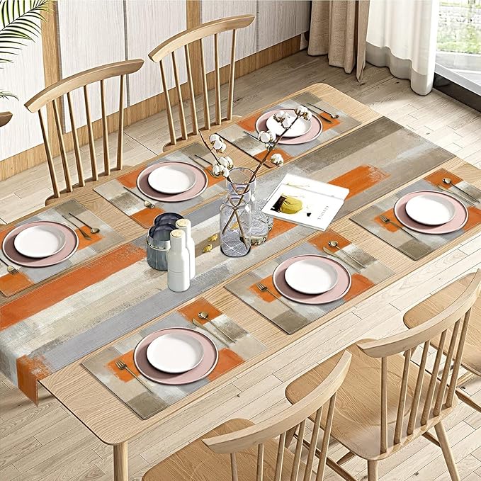 Emvency Farmhouse Table Runner and Placemats Set of 6, Cotton-Linen Modern Orange and White Painting Art Dining Table Decor for Daily Use(1 Table Runner 72 inches Long and 6 Placemats)