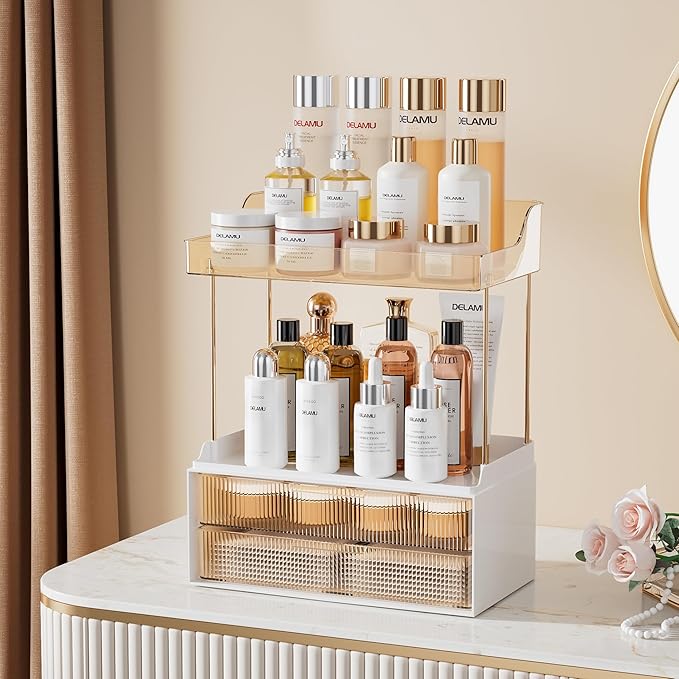 Delamu Bathroom Organizers and Storage, 2 Tier 2 Drawer Makeup Organizer Countertop, Easy to Install, Ideal for Bathroom Counter, Vanity, Ideal for Women Girls, Amber
