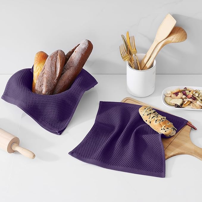 Kitinjoy 100% Cotton Kitchen Dish Cloths (12 X 12 Inches, Eggplant), 6 Pack Waffle Weave Ultra Soft Absorbent Dish Towels for Drying Dishes Quick Drying Kitchen Towels Dish Rags