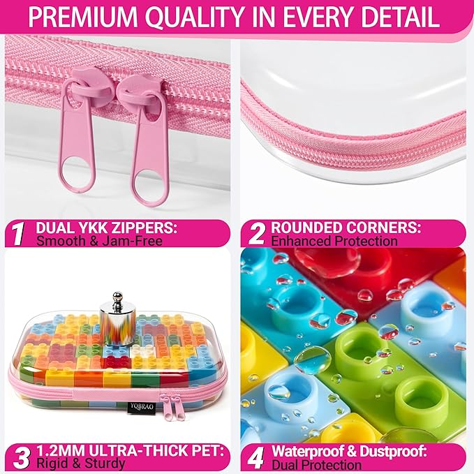 YQBRAO 3 Pack Hard Sided Clear Zipper Case for Storage- Thickened-Grade Clear Hard Shell Zipper Case for Organizing Bead, Handicrafts, Sewing, Playdoh (Pink, LMS)