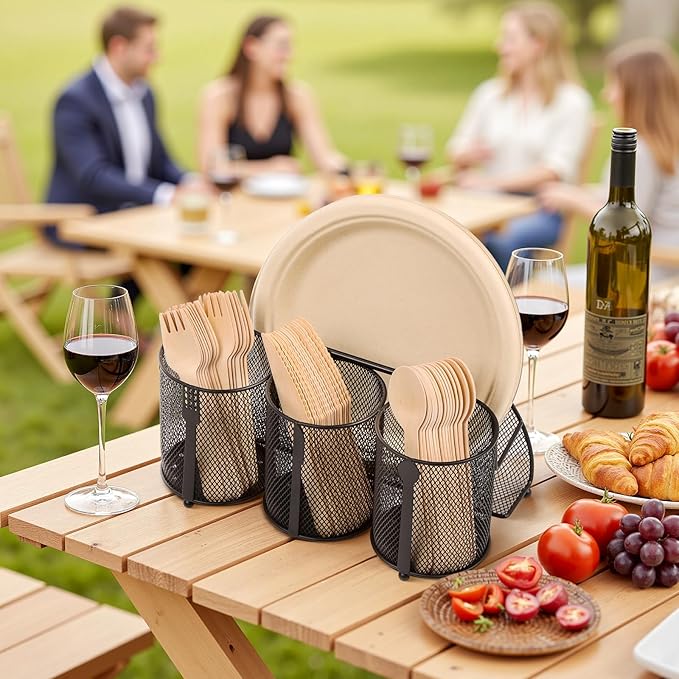 Metal Utensil Caddy Silverware Holder, Paper Plate Holder Cutlery Container,Plate Organizer Flatware Storage Basket Party Camping Picnic Buffet RV BBQ Farmhouse Kitchen Countertop