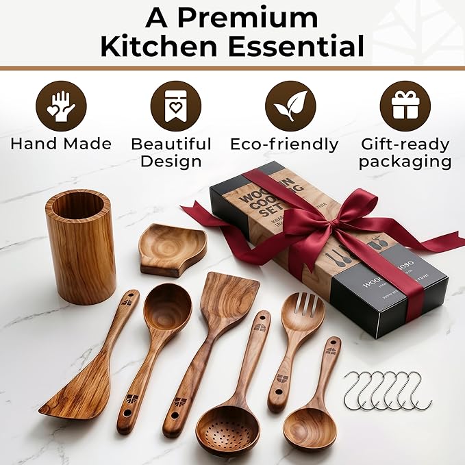 Wooden Utensil Set 8 Pcs – Sturdy & Easy to Clean, Natural Teak Wooden Spoons for Cooking – Non-Scratch Cooking Utensils with Spatula, Turner, Ladle, Spoons, Skimmer, Holder, Spoon Rest & 6 Hooks