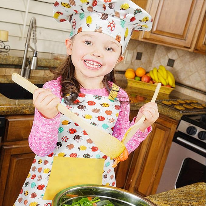 Jennice House Kids Apron and Chef Hat Set, Cute Children Baking Aprons for Cooking Baby Baking Aprons