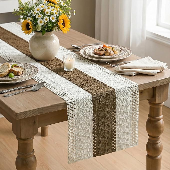 Artoid Mode Light Coffee Farmhouse Rustic Table Runner, Seasonal Holiday Hollow Kitchen Dining Table Decoration for Home Party Decor 12x90 Inch