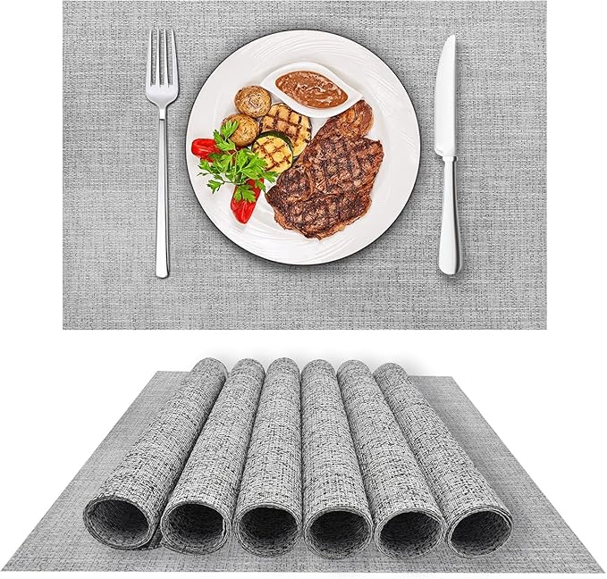 DACHUI Placemats Set of 6, Linen Look Woven Place Mats, Water Resistant, Heat Resistant, Washable, Durable Table Mats (Smoky Grey)