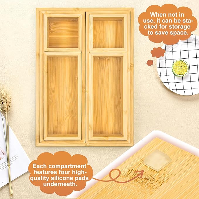 Bamboo Drawer Organizer Boxes - Set of 7 Wooden Drawer Organizers for Kitchen, Bathroom, Office, Desk, Vanity, Makeup - Non-Slip Junk Drawer Organizer Trays for Storage and Organization