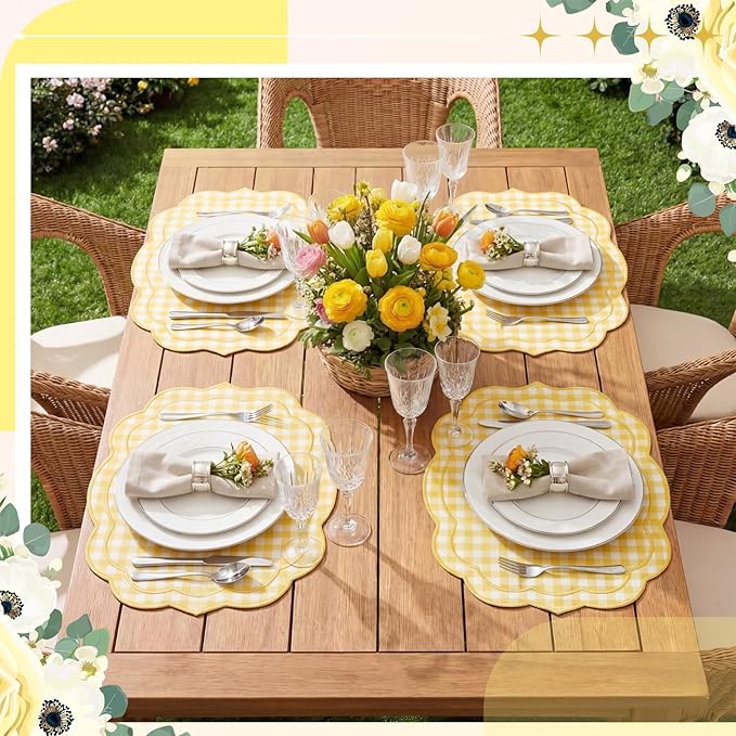 Breling Set of 6 Yellow Gingham Placemats Scalloped Embroidered Cotton Linen Placemats 17" x 13" Double Layered Machine Washable Table Place Mat for Wedding Birthday Baby Shower Party Table Decor