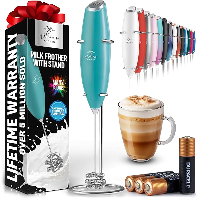Zulay Kitchen Patented Tornado Triple Whisk Milk Frother with 4 Duracell Batteries – Handheld Foam Maker for Coffee, Lattes, Matcha & Hot Chocolate – Rich, Creamy Froth in Seconds - Turquoise