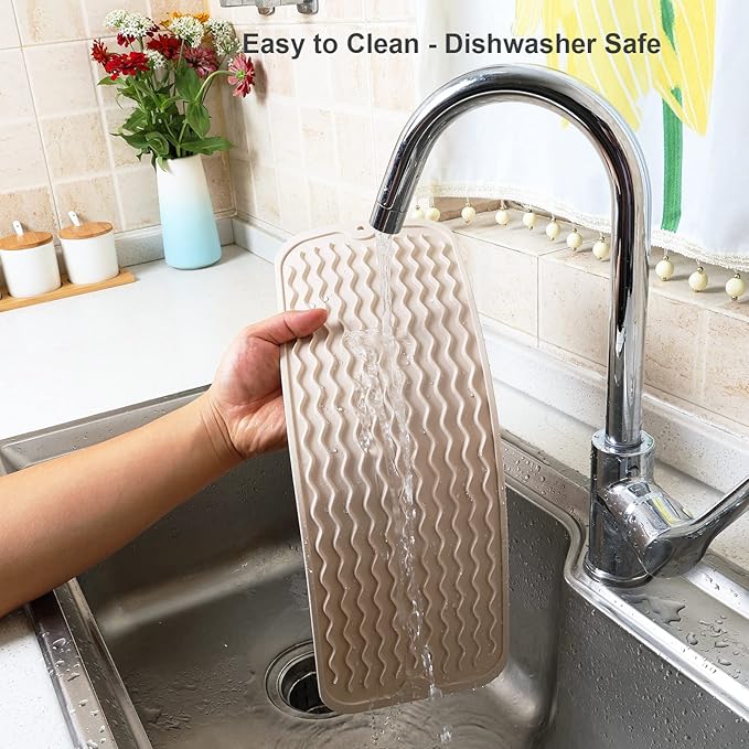 ZLR Silicone Sponge Holder & Sink Caddy Tray (6" x 17") - Narrow Dish Drying Mat for Kitchen Counter - Waterproof Soap Dispenser Organizer, Non-Slip Bathroom Vanity Tray (Cassava White)