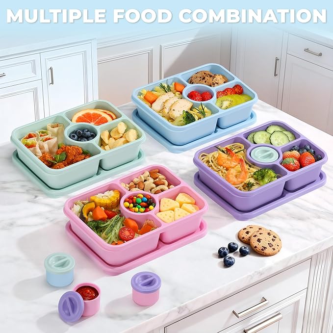 Bento Snack Box Containers, Reusable Meal Prep Lunch Containers for Adults Kids, Stackable Bento Snack Box 4 Pack, Divided Lunchable Food Storage Containers with Sauce Container, Dreamy Pink
