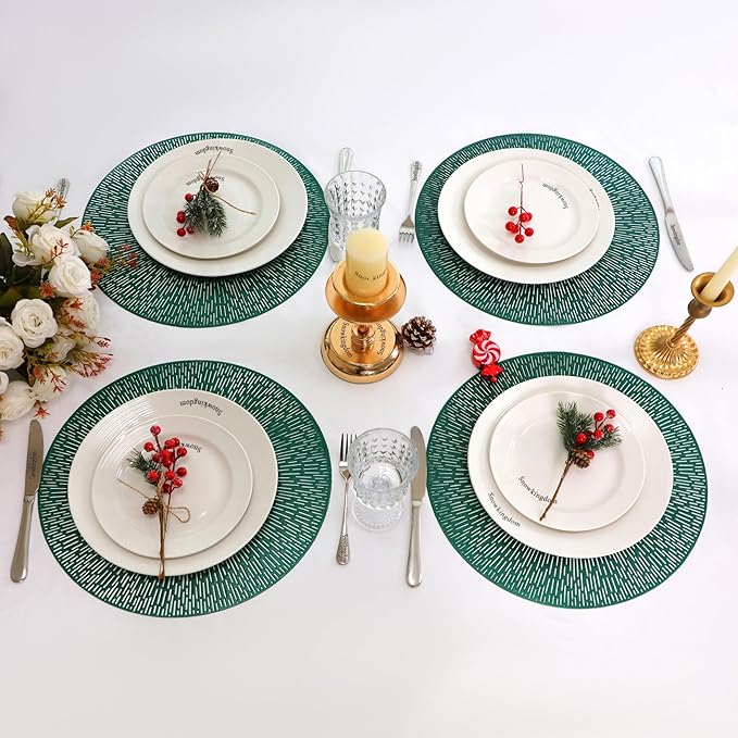 Snowkingdom Green St. Patrick's Day Placemats Set of 8, Vinyl 15 Inch Round Emerald Green Place Mats, Easter Washable Wipeable Non Slip Kitchen Dining Hollow Table Mats for Wedding Party Decor