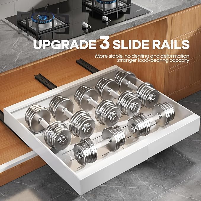 Seinloes 2 Pack Expandable (15.1"-26.3") Pull Out Cabinet Organizer 21" Deep With Raising Pad for Framed Cabinets,Upgrade 3 Slide Rails Slide Out Drawers,No Drill Roll Out Shelves Adhesive,White