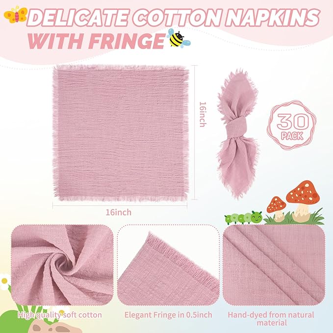 Showgeous 30 Pack Dusty Rose Cloth Napkins with Fringe 16x16 inch 100% Cotton Napkins Handmade Dinner Napkins Bulk Washable Soft Rustic Table Napkins for Wedding Parties Bridal Baby Shower