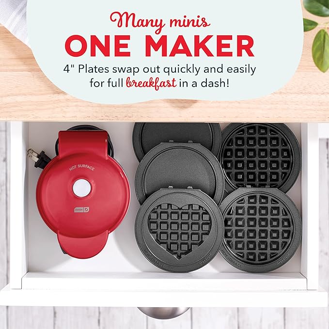 DASH Multimaker Mini System - Waffle Maker with Five 4” Removable Plates: Iron & Griddle, 3-in-1 Mini Waffle Maker for Kids and Families – Nonstick Surface, Just Add Batter (Red) (Pack of 4)