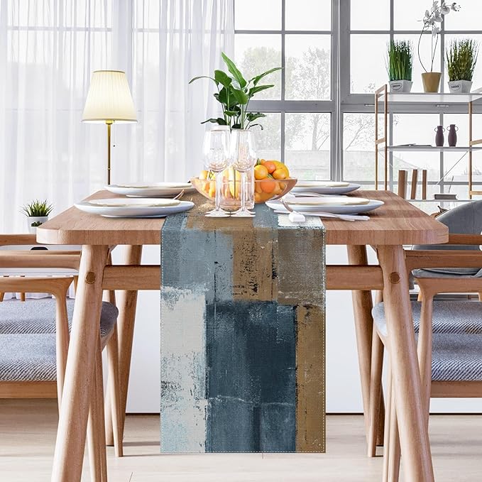 Emvency Modern Table Runner, Navy and Gold Abstract Oit Painting for Kitchen Coffee Table Family Dinners Holiday Parties Wedding Events Decor(13x72 inch)