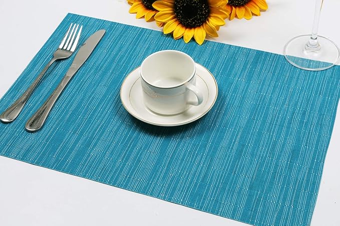 SHACOS Placemats Set of 8 Woven Vinyl Place Mats for Dining Table Wipe Clean Heat Resistant Washable Kitchen Table Mats (8, Teal Blue)