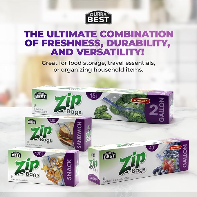 Sandwich Zip Bags - 100 Count | Leak-Proof, Freezer Safe & Reusable Food Storage Bags for Lunch & Snacks | Durable BPA-Free Seal | DURRA BEST