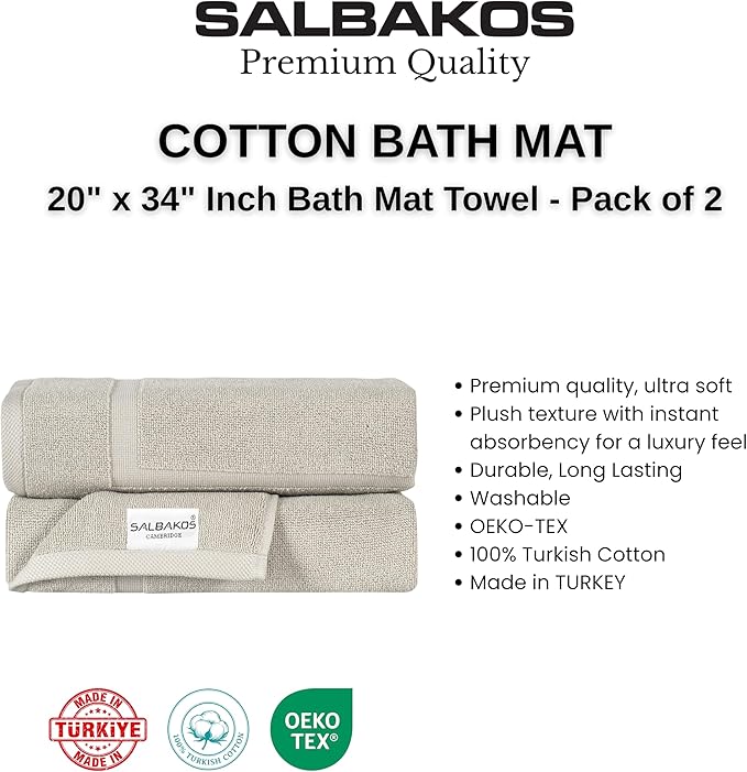 SALBAKOS 100% Turkish Cotton Bath Mat Towel Set of 2 Piece | 20x34 in Large Bath Mats | Luxury Hotel Quality, Thick, Absorbent, Quick Dry Bathmats for Bathroom & Toilet (Stone, 2 Bath Mats)