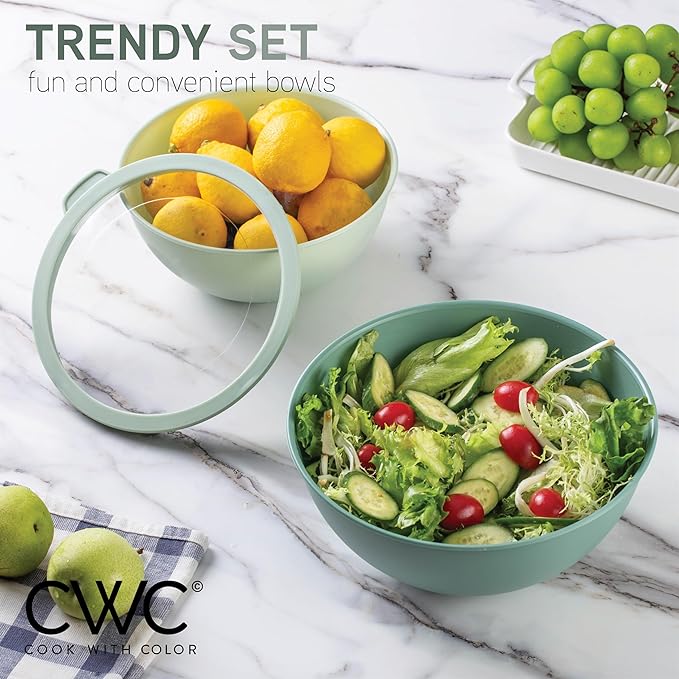 COOK WITH COLOR Mixing Bowls with Lids - 12 Piece Plastic Nesting Bowls Set includes 6 Prep Bowls and 6 Lids, Microwave Safe Mixing Bowl Set, Sage Tritan Lid