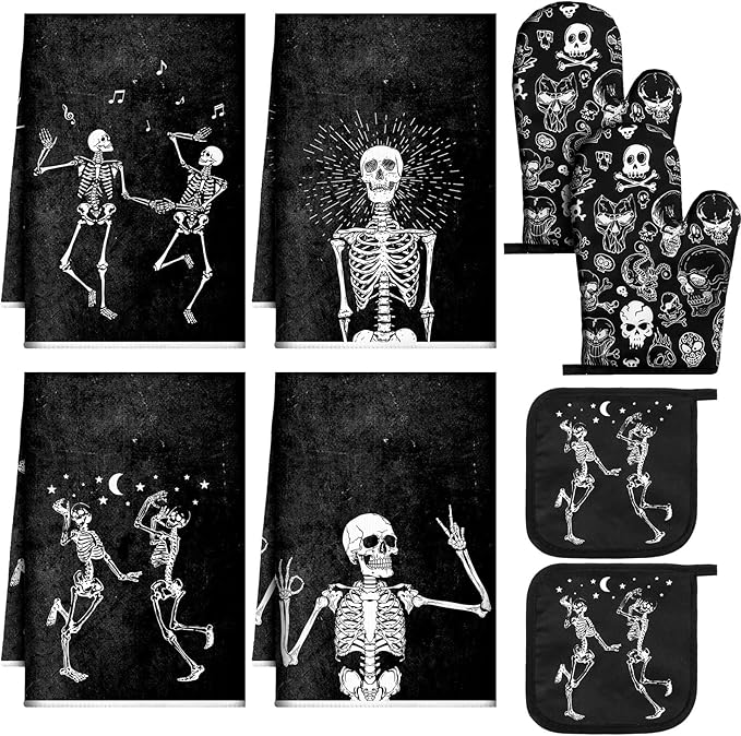Leinuosen 6 Pcs Skull Kitchen Decor Set, Skull Kitchen Towels Gothic Oven Mitts and Pot Holders Skeleton Hand Dish Towels Horror Oven Mitts for Home Decor Party Gifts (Black,Cool)