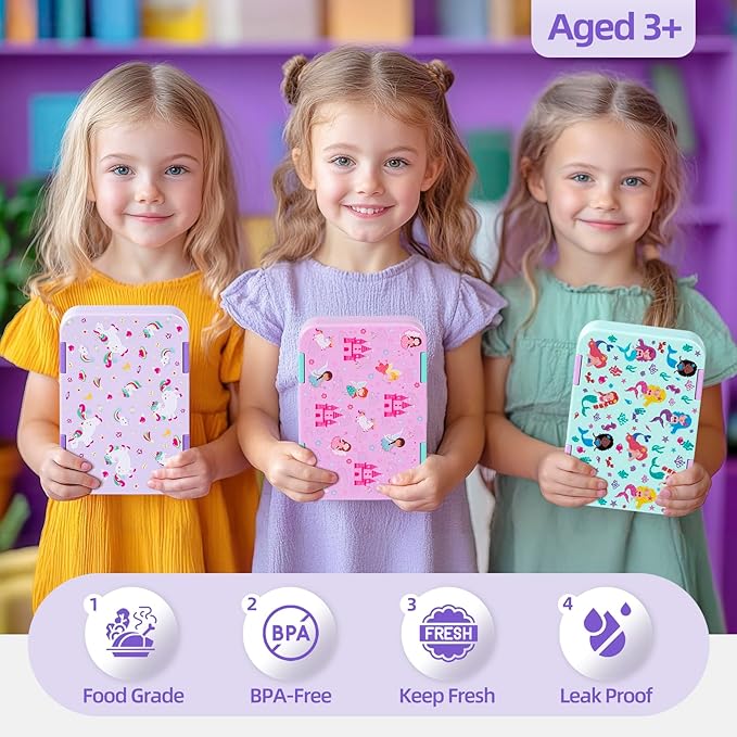 Bento Lunch Box for Kids, 6 Compartments BPA Free, Dishwasher Safe Back to School Snack Bento Lunch Containers Boxes, Ideal Portion Sizes for On-the-Go Meal, Ages 3+, School, Purple Patterned