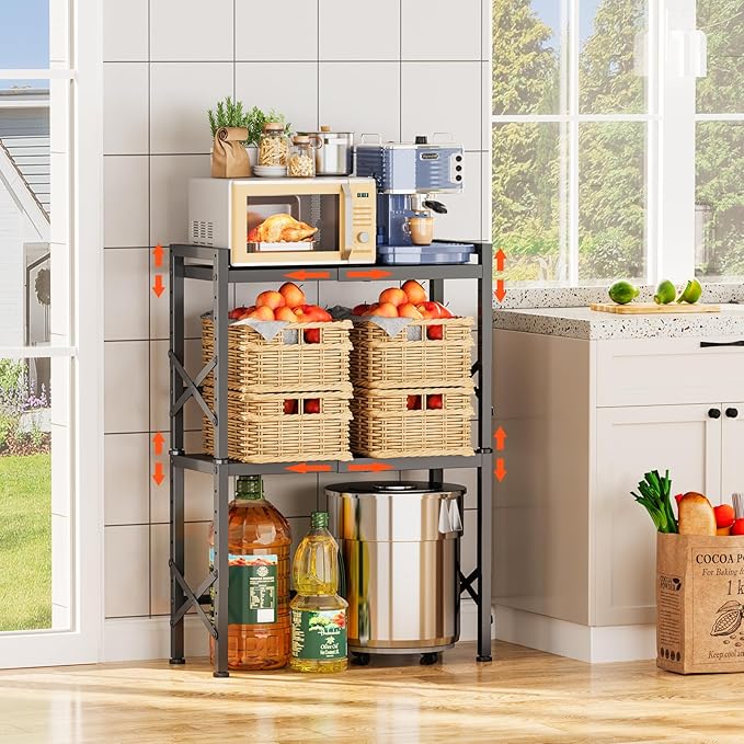 Expandable Pantry Shelves, 17-28 Inch Adjustable Kitchen Storage Shelf Organizer, 6-Level Height Heavy Duty Metal Shelving Unit 110LBS Capacity, for Cabinet Countertop Spice Rack, Black