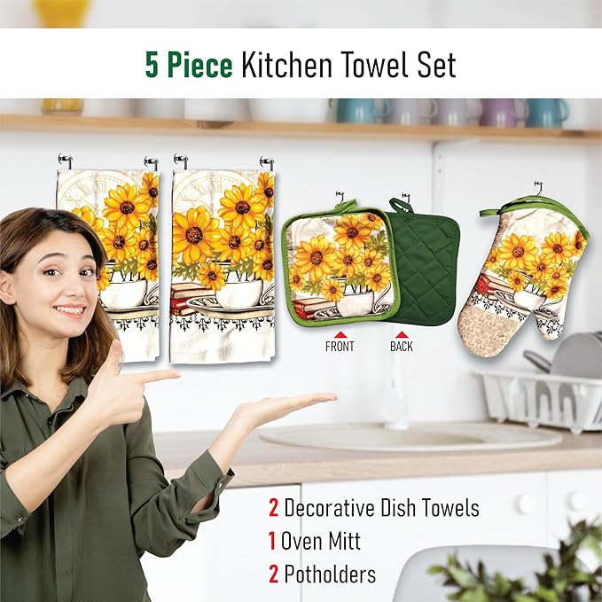 Lobyn Value Packs: Bright Sunflower5 Piece Kitchen Towel Set with 2 Decorative Dish Towels (25 X15), 1 Oven Mitt (11 X 7) and 2 Potholders (6.5 X 6.5)