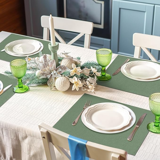 MANSPHIL Sage Green Fabric Placemats Set of 4 - Washable Thick Faux Linen Table Place Mats Wrinkle Free Dining Kitchen Easter Decor - 13x19 Inch Oeko Tex Placemat
