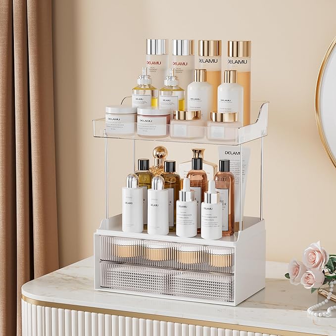 Delamu Bathroom Organizers and Storage, 2 Tier 2 Drawer Makeup Organizer Countertop, Easy to Install, Ideal for Bathroom Counter, Vanity, Ideal for Women Girls, Clear