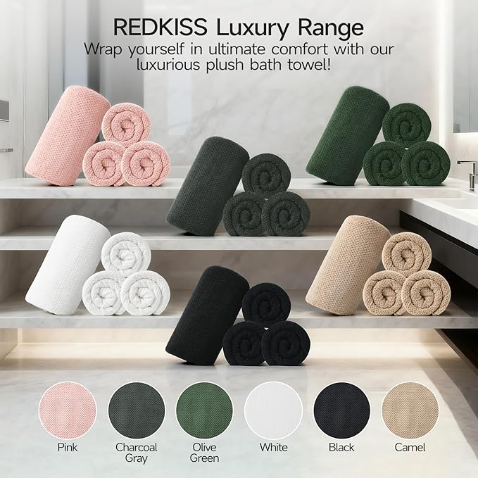 REDKISS 4 Pack Premium Bath Towels, Plush Coral Fleece Towels for Bathroom, Extra Large Bath Towels Set of 4 (35 x 70 in), Super Soft Highly Absorbent Fluffy Shower Towels for Spa, Gym, Travel, Olive