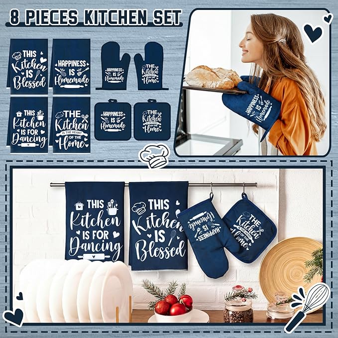 Leinuosen 8 Pcs Kitchen Towels and Oven Mitts Sets Pot Holders Dishcloths Set Kitchen Decorative Accessories Absorbent Potholders Heat Resistant for Chef Baking Cooking