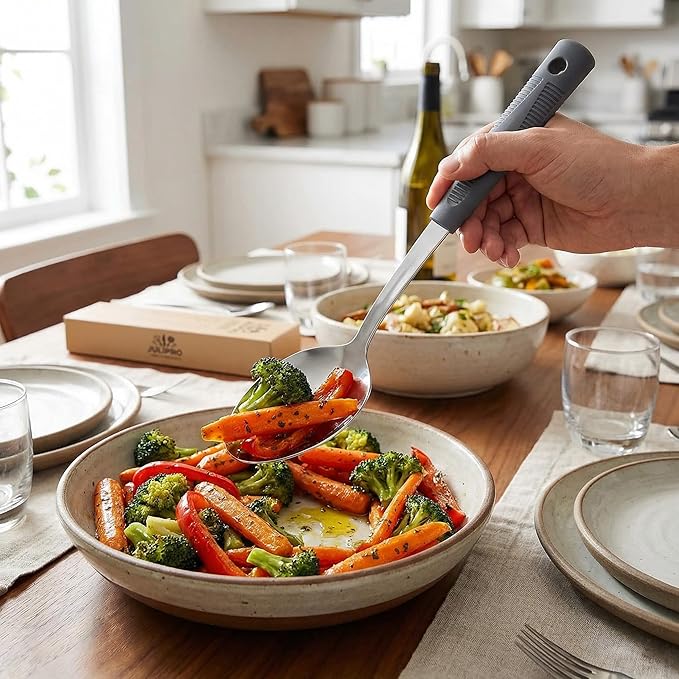 Stainless Steel Serving Spoons & Slotted Spoons Set, with Non-Slip Silicone Handles,2-Piece Metal Serving Spoon, Slotted Metal Spoon for Home Kitchen, Parties & Daily (Dark gray)