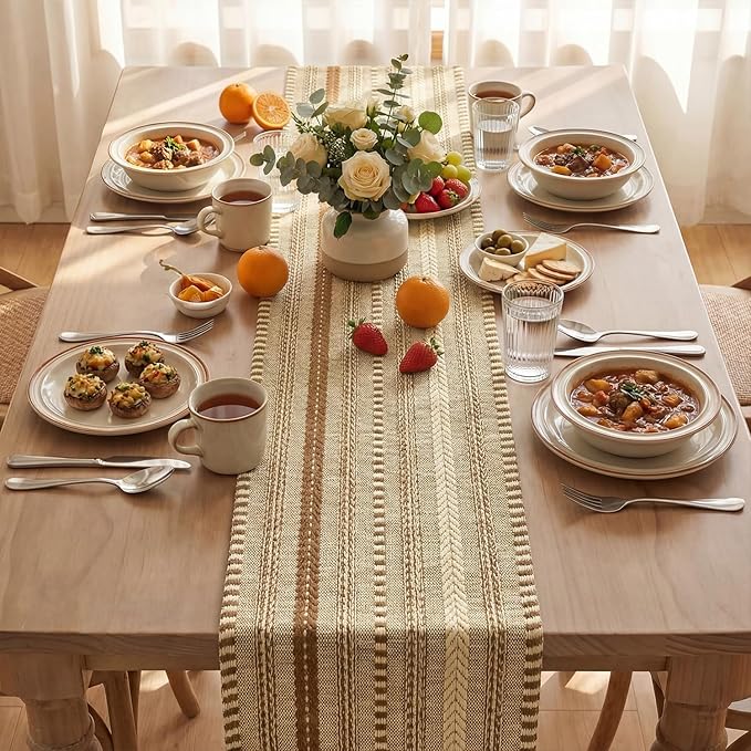 Artoid Mode Light Coffee Farmhouse Woven Table Runner, Seasonal Holiday Rustic Kitchen Dining Table Decoration for Home Party Decor 12x90 Inch