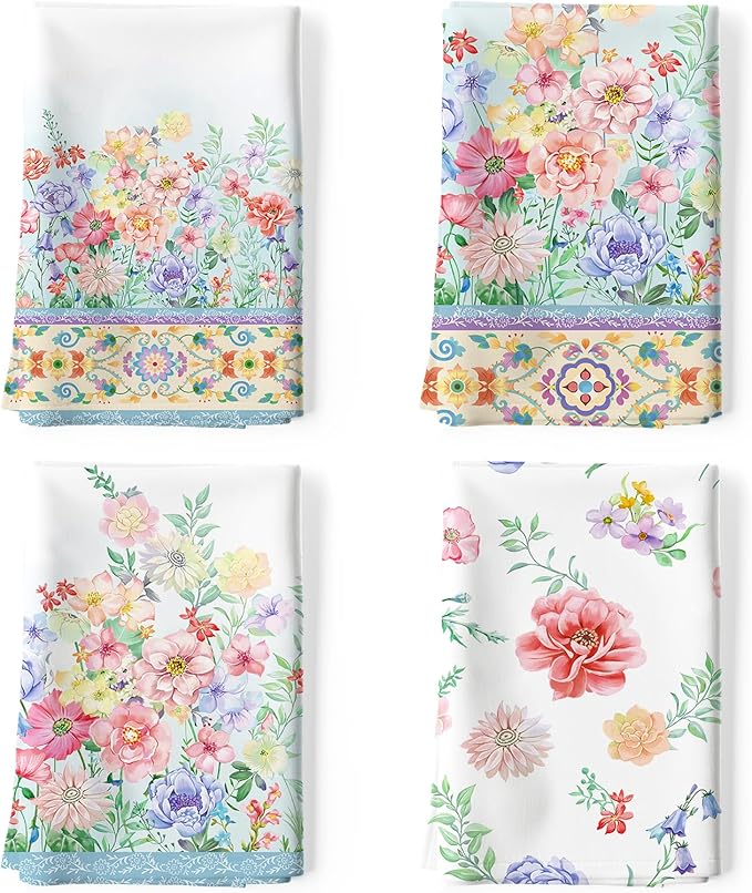 Watercolor Floral Tea Towels, Cotton Kitchen Towel 18.9 × 27.5 inch, Quick Drying Dish Cloth for Party Anniversary Holiday Decoration, Housewarming Gifts for Mom