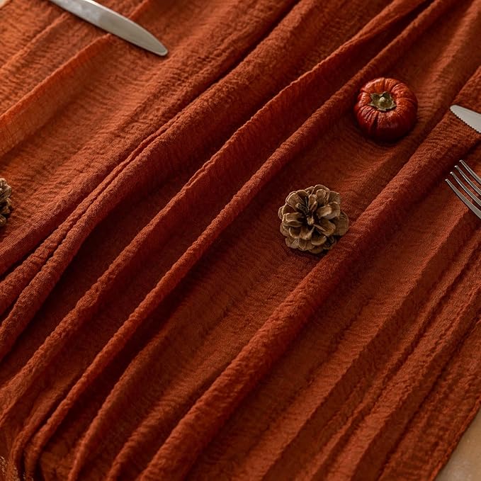 Keketoarrange 3pcs Fall Terracotta Table Runner Rust Gauze Rustic Cheesecloth 120 Inch 10 FT for Wedding Baby Shower Bridal Shower Birthday Engagement Garden Party Sheer Boho Thanksgiving Decorations