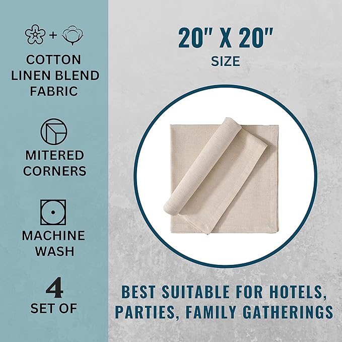 Cloth Napkins Dinner Washable Set of 4 in Cotton Linen Fabric Premium Quality, Mitered Corners for Reusable Every Day Use Pre Shrunk and Good Absorbency Christmas Cloth Napkins (Pack of 4, Ivory)