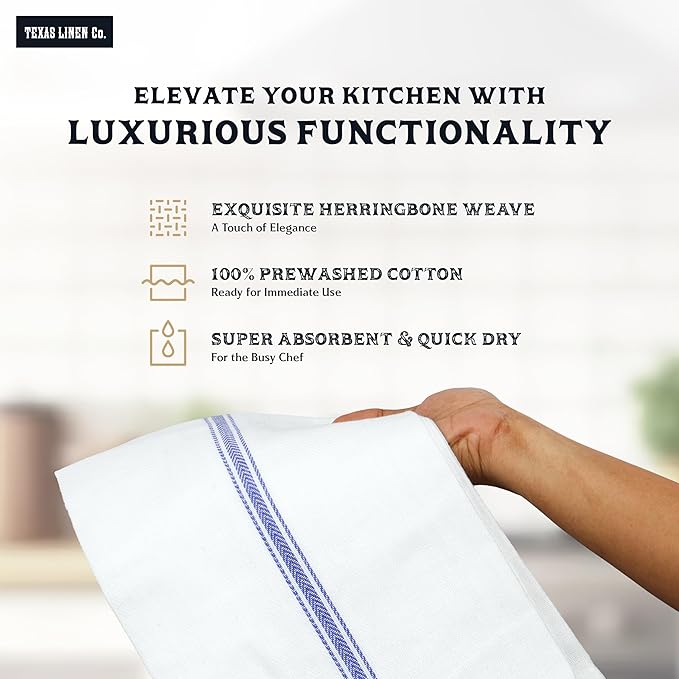 TEXAS LINEN CO. Cotton Kitchen Towels 6 Pack - 15 x 25 Inches - Highly Absorbent Dish Towels for Kitchen Drying, Soft Durable Reusable Quick Dry Tea, Kitchen and Dish Cloths Set - Blue Stripe