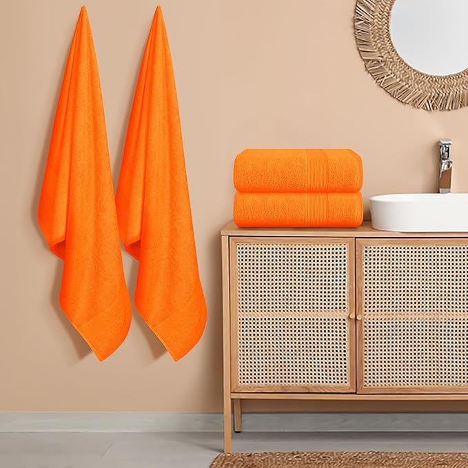 Belizzi Home 4 Pack Bath Towel Set 27x54, 100% Ring Spun Cotton, Ultra Soft Highly Absorbent Machine Washable Hotel Spa Quality Bath Towels for Bathroom, 4 Bath Towels Orange