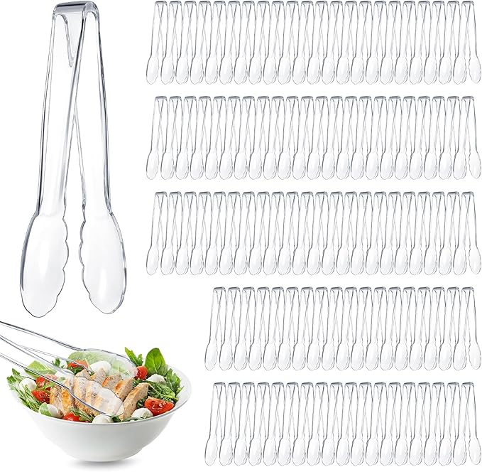 Tessco for you 100 Pcs Plastic Tongs for Serving Bulk, 9 Inch Plastic Disposable Serving Tongs, Heavy Duty Salad Tong for Kitchen, Buffet, BBQ, Events & Catering (Transparent)