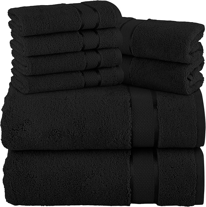 Elegant Comfort Premium Cotton 8-Piece Towel Set, Includes 4 Washcloths, 2 Hand Towels and 2 Bath Towels, 100% Turkish Cotton - Highly Absorbent and Super Soft Towels for Bathroom, Black