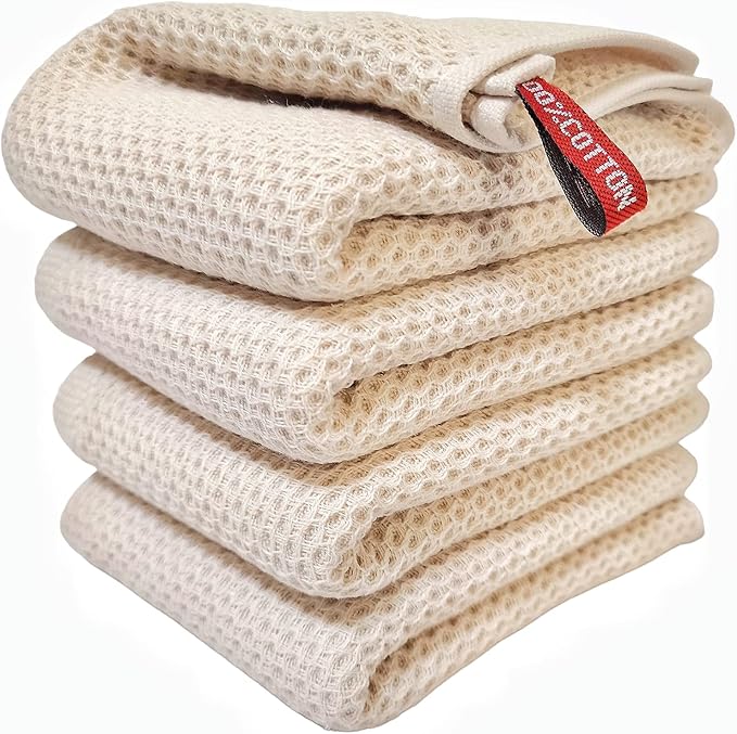Kitchen Towels 100% Cotton Waffle Weave Dish Towel for Cleaning Drying Dishes Extra Absorbent and Soft, Dish Cloth,13 x 28 in(Beige-4 Pack)