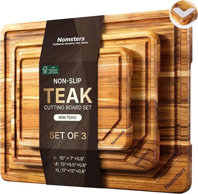 3 Pack Teak Wood Cutting Board Set for Kitchen High-End Non Toxic Non Slip Over Sink Solid Thick Wood Haus Chopping Board Extra Large Big Small Best Kitchen Essential House Warming Hostess Host Gift