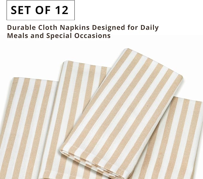 PurpleEssences Plain Striped Cloth Napkins - Set of 12-100% Cotton - 18 x 18 Inch - Spring Easter Summer and Perfect Everyday Use Dinner Napkin - Beige and White